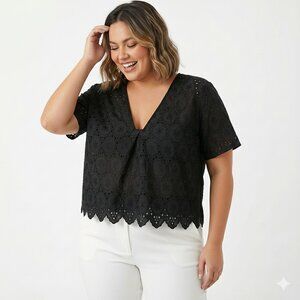 Shein Curve Black Eyelet Scalloped Hem Blouse 3X Plus Boho JIT17593480